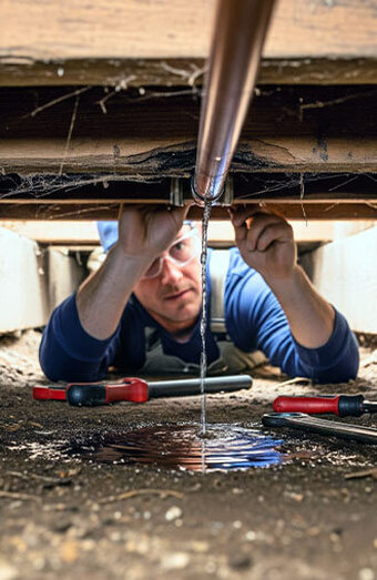 Plumber Fixing Pipe Leak Under Floor